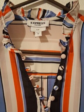 Express Striped Ruffle V-Neck Top in Blue, Orange & Cream